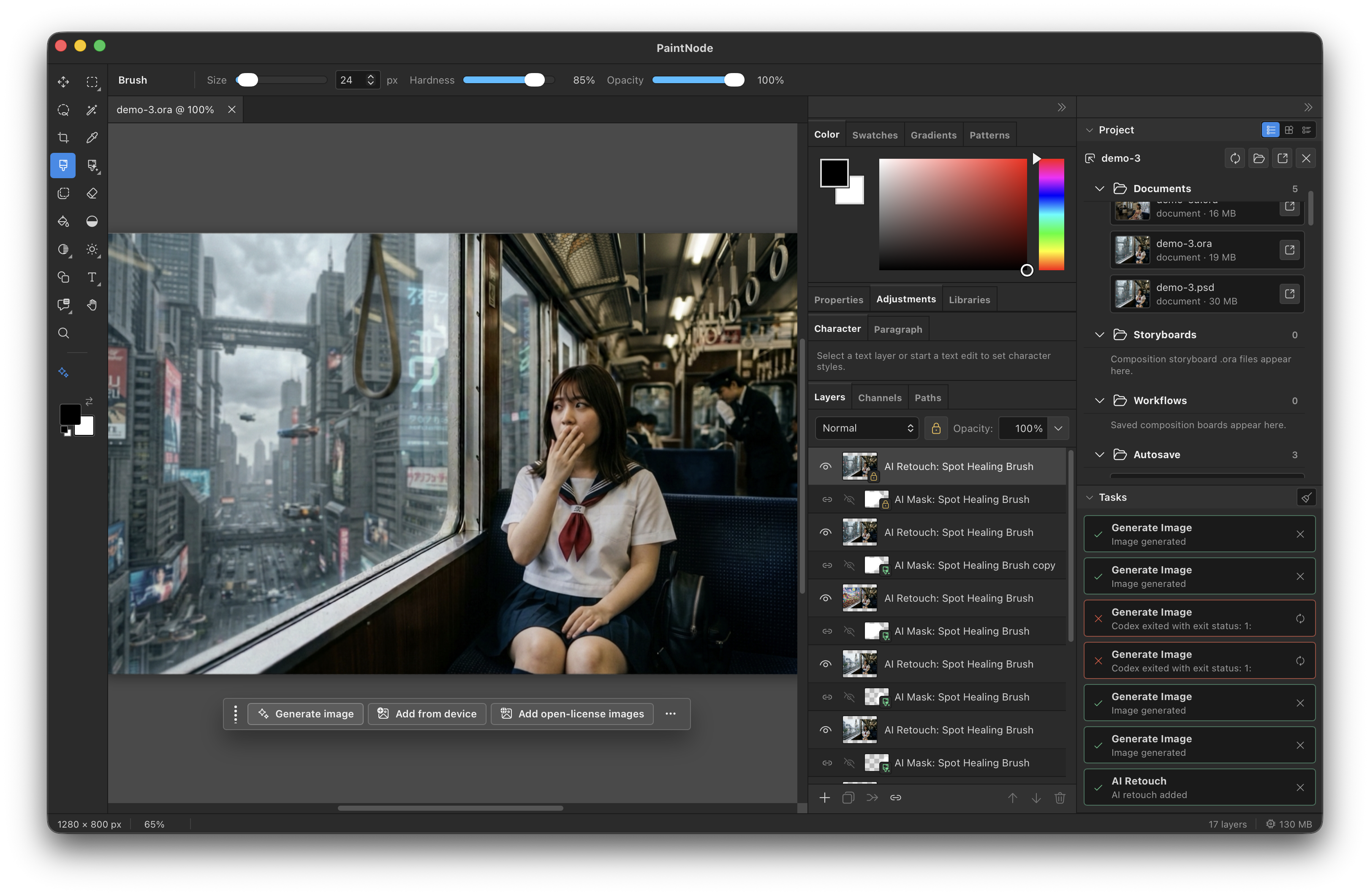 PaintNode editor with AI retouch layers and generate-image tasks